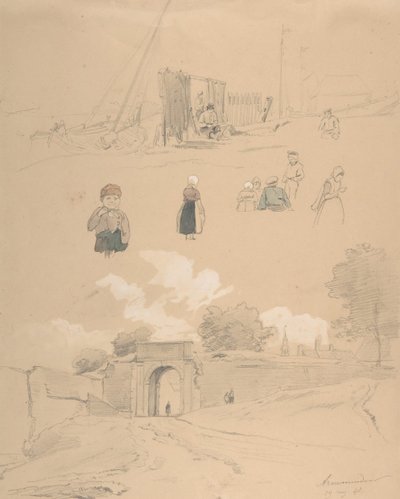 Hoja de estudio con figuras y paisajes en Arnemuiden cerca de Middelburg, mediados del siglo XIX de Pierre Louis Dubourcq