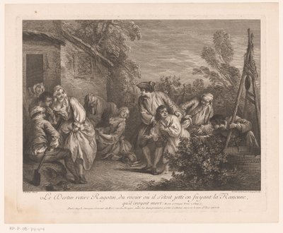Ragotin gevlucht en een rozenstruik El destino saca a Ragotin del rosal en el que se había arrojado mientras huía de La Rancune, que creía muerta. Escenas de Roman Comique van Scarron (título de la serie) de Pierre Louis Surugue