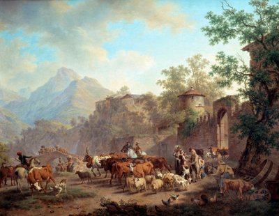 Salida de los rebaños hacia la montaña Debut de las trashumancias. Pintura de Pierre Louis Larive (de la Rive) Godefroy (1735-1817) 1813 Ginebra, Museo de Arte e Historia de Pierre Louis de La Rive