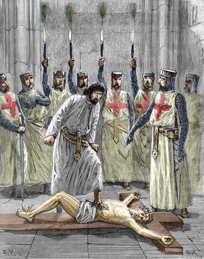 Herejía de los Templarios: representación de una ceremonia de ingreso de un caballero en la orden del templo, siendo el templario, según las confesiones publicadas tras su detención y juicio en 1307, obligado a renegar de Cristo y a pisotear la cruz durant de Pierre Mejanel