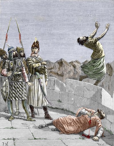 Secta ismailí oriental o asesina fundada por Hassan ibn al-Sabbah (1036-1124), conocido como el viejo de la Montaña", rep ordenando a dos de sus fanáticos seguidores que se suicidaran, Alamut, Persia, hacia 1096" (Nizari Ismailism: representation of Hassan de Pierre Mejanel