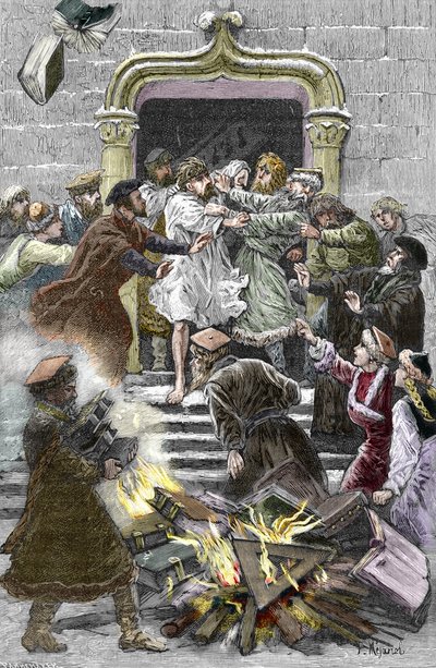 Socinianism and Little Polish Church: the inhabitants of Krakow burn the works of Faustus Socinus (Faust Socin o Fausto Sozzini) (1539-1604) in the public square obliging him to attend the autodafe in 1598 (Socinianismo y Hermanos Polacos: la quema de de Pierre Mejanel