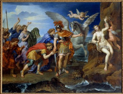 Perseo liberando a Andrómeda. Andrómeda encadenada a una roca es liberada por Perseo y salva al monstruo marino de Pierre Mignard