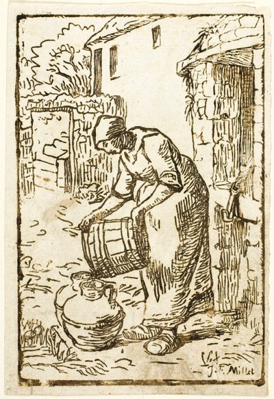 Mujer llenando cántaros de agua de Pierre Millet