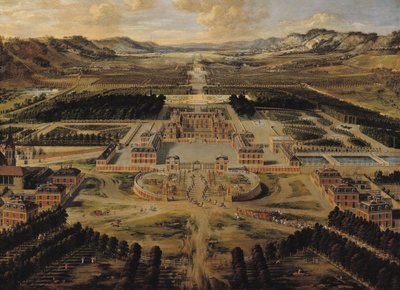Vista en perspectiva del castillo, jardines y parque de Versalles visto desde la Avenida de París de Pierre Patel