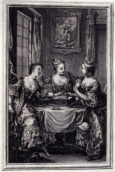 La apuesta de las tres comadres. En “Cuentos y nuevas en verso” de Jean La Fontaine. 1776. Ilustración por P.P. Choffard. de Pierre Philippe Choffard