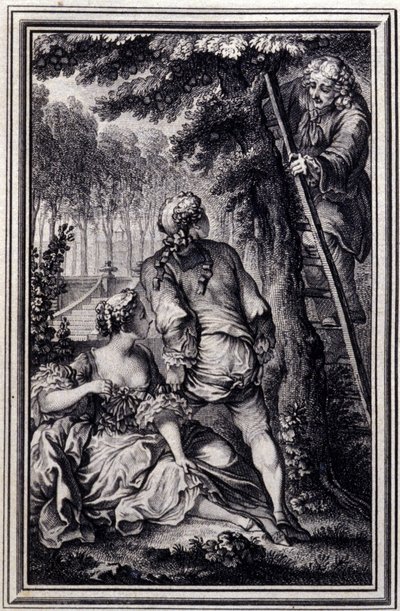 La apuesta de las tres comadres. En “Cuentos y nuevas en verso” de Jean La Fontaine. 1776. Ilustración por P.P. Choffard. de Pierre Philippe Choffard