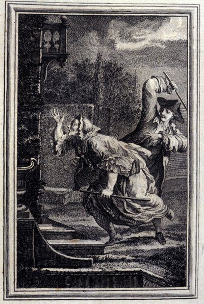 El cuco, golpeado y contento. En “Cuentos y nuevas en verso” de Jean La Fontaine. 1776. Ilustración por P.P. Choffard. de Pierre Philippe Choffard