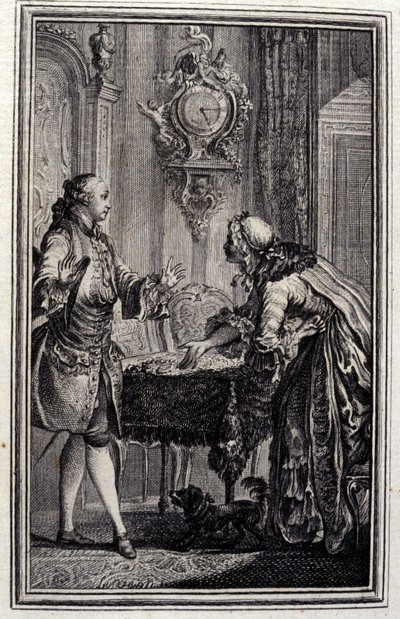 El gascón castigado - en "Cuentos y nuevas en verso" de Jean La Fontaine. 1776. Ilustración de P.P. Choffard de Pierre Philippe Choffard