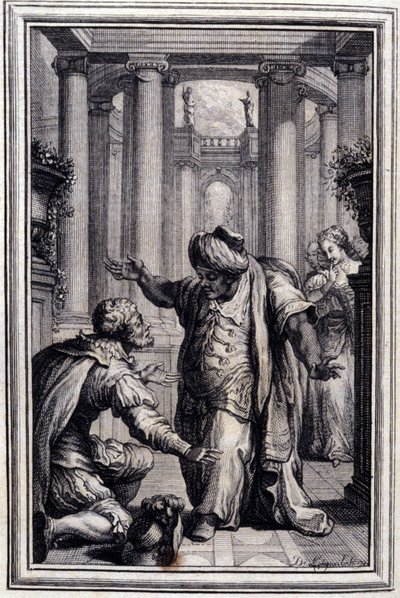 El perrito que sacude dinero y piedras - en Cuentos y nuevas en verso de Jean La Fontaine. 1776. Ilustración de P.P. Choffard de Pierre Philippe Choffard