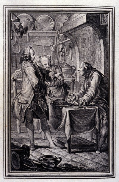 Pasta de anguila. En “Cuentos y nuevas en verso” de Jean La Fontaine. 1776. Ilustración por P.P. Choffard. de Pierre Philippe Choffard