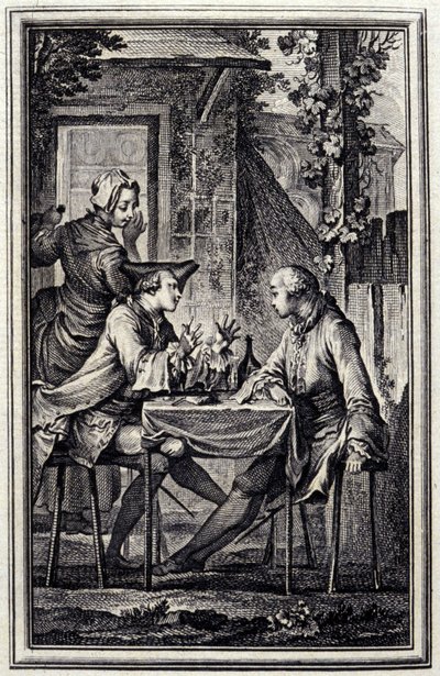 El relojero o el reparador de mejillones. En “Cuentos y nuevas en verso” de Jean de La Fontaine, Ámsterdam 1776. Ilustrado por P.P. Choffard de Pierre Philippe Choffard