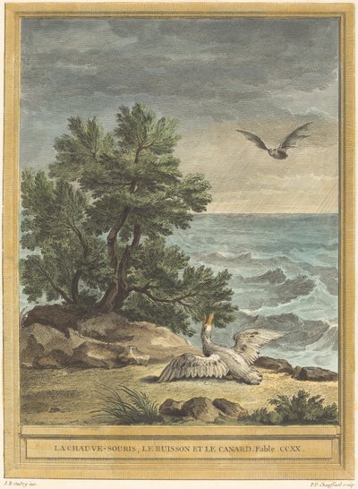 El murciélago, el arbusto y el pato de Pierre Philippe Choffard after Jean Baptiste Oudry