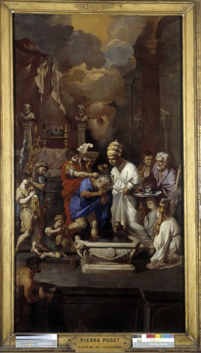 El bautismo de Constantino: el emperador Cayo Flavio Valerio Aurelio Constantino recibe el sacramento por el Papa Silvestre I (San), en la Basílica de San Juan de Letrán en Roma de Pierre Puget