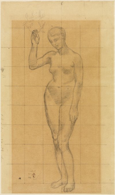 Stehender Frauenakt, schräg nach links, einen Kranz in der erhobenen Rechten de Pierre Puvis de Chavannes