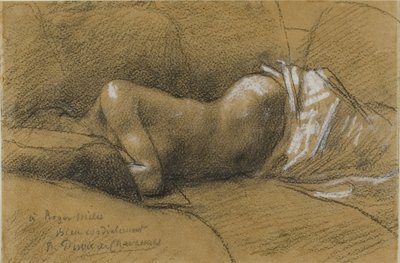 Estudio de una mujer dormida, c.1867 (crayón negro conté, realzado con pastel blanco, sobre papel de trama color canela, colocado sobre cartulina color crema) de Pierre Puvis de Chavannes