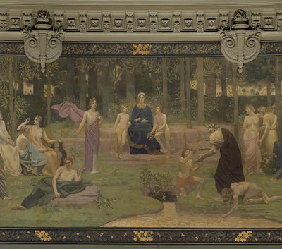 El Bosque Sagrado, mural en el Gran Anfiteatro que representa figuras alegóricas de la Sorbona, Elocuencia, Poesía, Filosofía, Historia, Botánica, Geología, Física y Geometría, 1887-89 (detalle) de Pierre Puvis de Chavannes