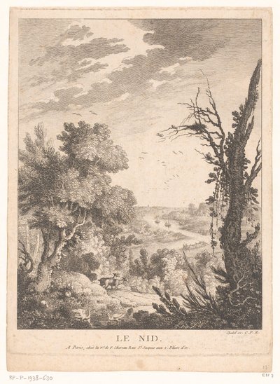 Paisaje con ciervos, conejos y pájaros y un río al fondo Le Nid (título sobre objeto) de Pierre Quentin Chedel