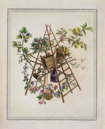 Diseño textil de jardín, de Oeuvre contenant un Receuil de Trophees, Attributs, Cartouches, Vases, Fleurs, Ornemens, et Plusieurs Dessins agréables pour broder des Fauteuils, grabado por Etienne C de Pierre Ranson