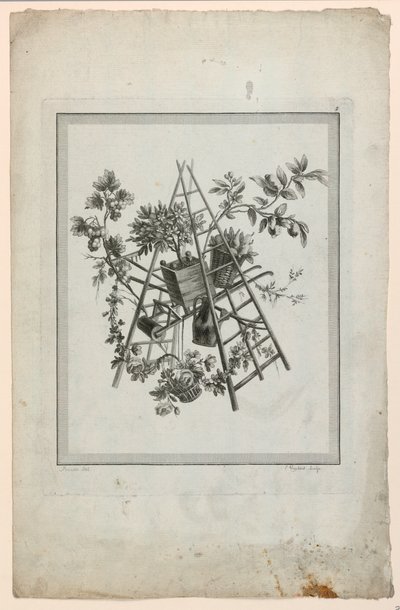 Trofeo con instrumentos de jardinería, lámina 2 de "Suite de diferentes atributos, trofeos y grupos de flores," Suite II de Pierre Ranson