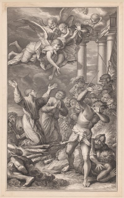 Cosme y Damianus quemados en la hoguera, rodeados de soldados y ángeles. de Pierre Simon (I)