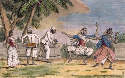 Una troupe de bayaderas, o bailarinas indias, con músicos masculinos, ilustración de 