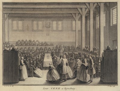 La Cena del Señor en una iglesia Coligiante en Rijnsburg, Países Bajos (grabado) de Pierre Tanje