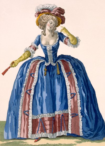 Vestido de estilo inglés en azul eléctrico con borde fruncido burdeos, grabado por Bacquoy, placa no.182 de 