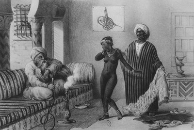 Una joven de Tombuctú ofrecida por un maestro esclavo en Trípoli en 1854, de "Viajes al Sudán y en el África Septentrional", grabado por A. Adam, 1850 de Pierre Tremaux