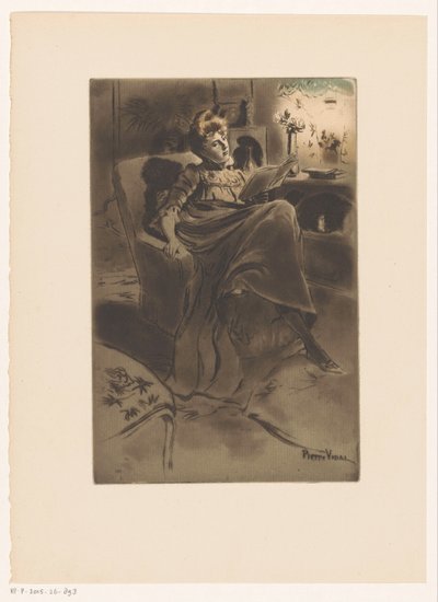 Interior con una mujer leyendo en una silla de Pierre Vidal