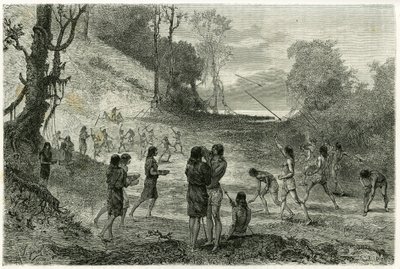 Juegos de jabalina entre 2 tribus de Zaparros, los hombres practican y las mujeres rodean a los jugadores sin miedo y les sirven bebidas. Ilustración de la historia “Amazonas y Cordilleras” de Pierre Vignal