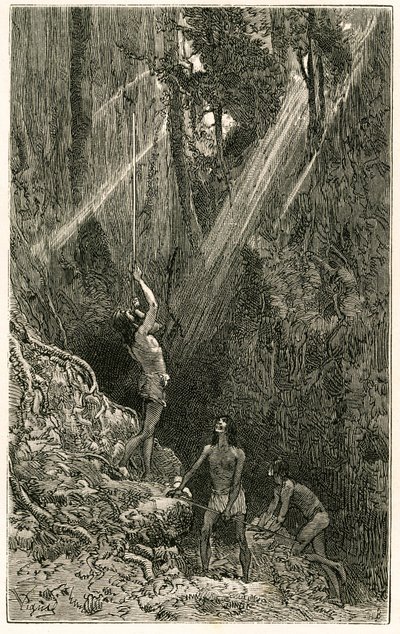 Indios Suno, de las orillas del río Napo (Amazonas), cazando con cerbatana. Grabado de Vignal, para ilustrar la historia “Amazonas y Cordilleras” de Pierre Vignal