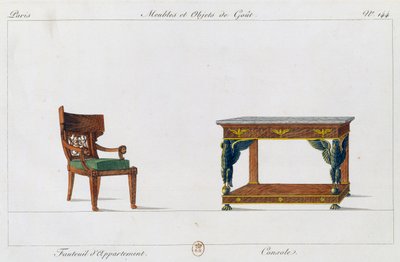 Sillón de apartamento y consola, lámina 144, ilustración de la Colección de muebles y objetos de gusto de Pierre de La Mesangere