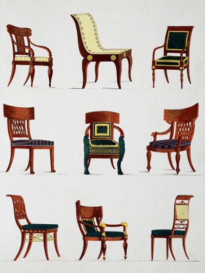 Sillones y sillas, era del Consulado, ilustración de Collection de meubles et objects de gout (Colección de muebles y objetos de gusto) de Pierre de La Mesangere