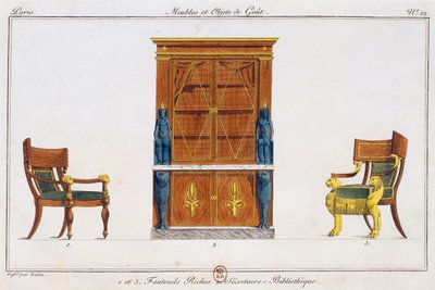Sillones y escritorio de biblioteca, placa 12, ilustración de Collection de meubles et objects de gout (Colección de muebles y objetos de gusto) de Pierre de La Mesangere