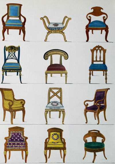 Sillones, sillas y reposapiés, ilustración de Collection de meubles et objects de gout (Colección de muebles y objetos de gusto) de Pierre de La Mesangere