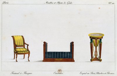 Sillón con alas, sofá y mesa trípode, lámina 211, ilustración de Collection de meubles et objects de gout (Colección de muebles y objetos de gusto) de Pierre de La Mesangere