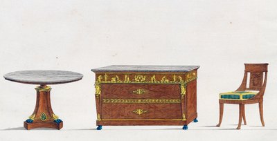 Mesa de caoba, cómoda y silla, placa 241, ilustración de Collection de meubles et objects de gout (Colección de muebles y objetos de gusto) de Pierre de La Mesangere