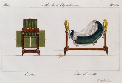 Biombo y cuna mecedora, lámina 589, ilustración de Collection de meubles et objects de gout (Colección de muebles y objetos de gusto) de Pierre de La Mesangere