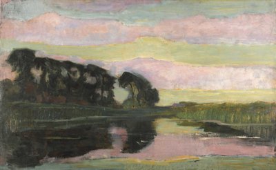 Paisaje fluvial con cielo rosa y verde amarillento, ca. 1907-1908 de Piet Mondrian