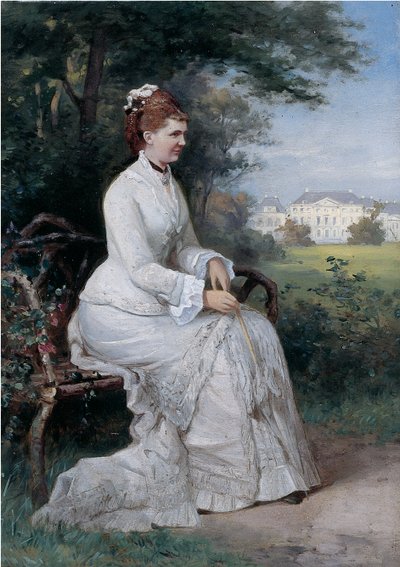 Retrato de la Princesa Emma von Waldeck-Pyrmont Sentada en un Banco en el Parque del Palacio Het Loo de Piet Schipperus