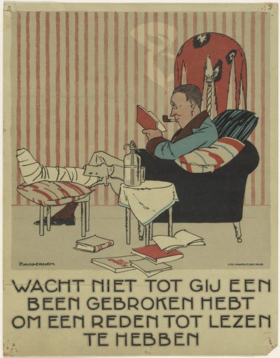 Lectura de un hombre con la pierna rota en un sillón
Campaña de promoción del libro (título de la serie) de Piet van der Hem
