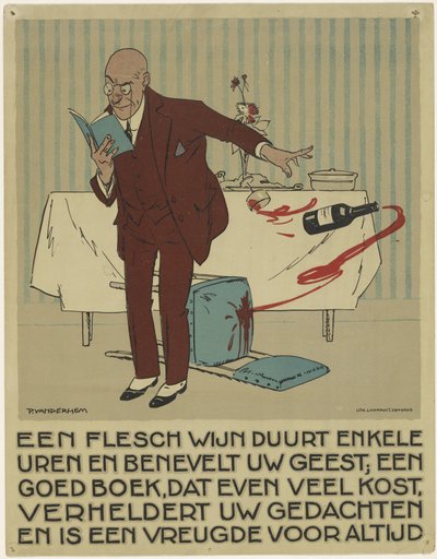 Un hombre que lee golpea accidentalmente la botella y el vaso de vino de la mesa
Campaña de promoción del libro (título de la serie) de Piet van der Hem