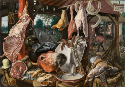 Un puesto de carne con la Sagrada Familia dando limosna de Pieter Aertsen