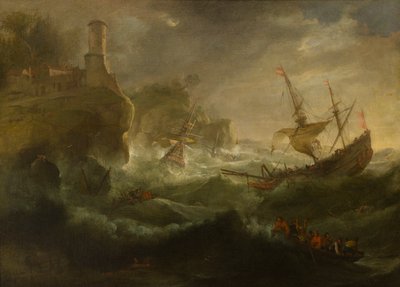 Barcos que se hunden en una costa rocosa, c.1657-1701 (óleo sobre lienzo) de follower of Pieter Mulier