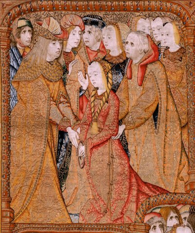 Tapiz flamenco. Serie Triunfos de la Madre o Paños de Oro. Dios envíe al Arcángel Gabriel (Dios envía al Arcángel Gabriel). Primer tapiz de la serie. Modelo Colin de Cooter(?). Manufactura Pieter van Aelst (o van Edingen), Bruselas. Ca1500-1502. F de Pieter (attr. to) Coecke van Aelst
