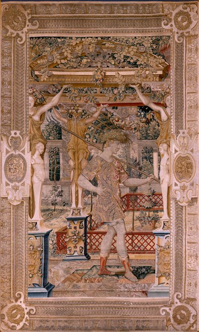 Tapiz flamenco. Serie Vertumnus y Pomona.Vertumnus transformado en granjero. Segundo tapiz de la serie. Parte izquierda la transformación de Daphne. Círculo Modelo de Pieter Coecke van Aelst. Fabricación Wilhelm Pannemaker, Bruselas. Ca 1545-1550. Fabrica de Pieter (circle of) Coecke van Aelst