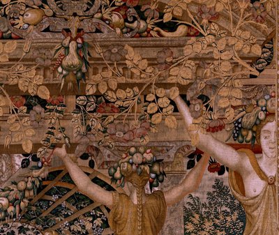 Tapiz flamenco. Serie Vertumnus y Pomona.Vertumnus transformado en granjero. Segundo tapiz de la serie. Parte derecha la transformación de la ninfa Myrrha. Círculo Modelo de Pieter Coecke van Aelst. Fabricación Wilhelm Pannemaker, Bruselas. Ca. 1545- de Pieter (circle of) Coecke van Aelst