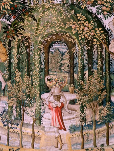 Tapiz flamenco. Serie Vertumnus y Pomona; Vertumnus transformado en jardinero (Vertumno transformado en jardinero). Quinto tapiz de la serie. Círculo Modelo de Pieter Coecke Van Aelst y Léonard Thiry. Fabricación Taller desconocido, Bruselas, antes de Pieter (circle of) Coecke van Aelst