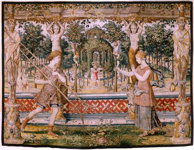 Tapiz flamenco. Serie Vertumnus y Pomona; Vertumnus transformado en jardinero (Vertumno transformado en jardinero). Quinto tapiz de la serie. Círculo Modelo de Pieter Coecke Van Aelst y Léonard Thiry. Fabricación Taller desconocido, Bruselas, antes de Pieter (circle of) Coecke van Aelst